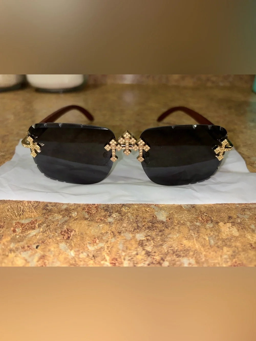 SLNP Gallery Black Sunglasses with Gold Cross Accent